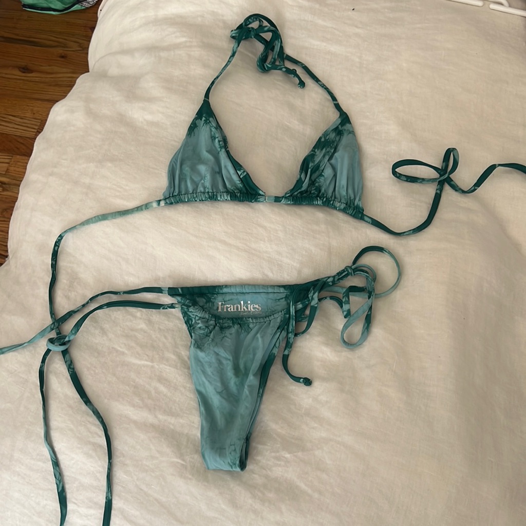 Frankie's Bikinis Teal Tie-Dye Triangle String Bikini